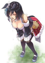 Rule 34 | 1girl, abo (hechouchou), animal ears, black hair, black thighhighs, blue footwear, blush, breasts, breath, cleavage, closed eyes, collar, collarbone, corset, detached sleeves, dirndl, ears down, eishin flash (umamusume), german clothes, grass, hands on own knees, heavy breathing, horse ears, horse girl, horse tail, leaning forward, long sleeves, medium breasts, medium hair, motion lines, open mouth, red skirt, shoes, skirt, solo, standing, sweatdrop, tail, thighhighs, umamusume