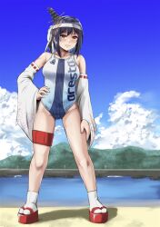 1girl black_hair blue_sky breasts clothes_writing cloud commentary_request competition_swimsuit day detached_sleeves full_body hand_on_own_hip headband headgear kantai_collection looking_at_viewer medium_breasts okobo one-piece_swimsuit outdoors platform_footwear red_eyes sandals second-party_source short_hair skirt sky socks solo swimsuit tabi third-party_source translation_request two-tone_swimsuit white_headband white_socks yamashiro_(kancolle) yellow_quokka