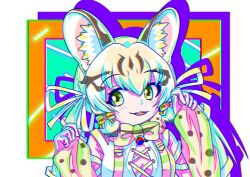 Rule 34 | 1girl, absurdres, animal ears, bow, bowtie, cat ears, cat girl, extra ears, geoffroy&#039;s cat (kemono friends), green eyes, grey hair, highres, kemono friends, kemono friends v project, long hair, looking at viewer, microphone, ribbon, shirt, simple background, smile, solo, suspenders, tutti tutio, twintails, upper body, virtual youtuber