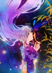 Rule 34 | 1girl, absurdres, artist name, blue hair, crying, daikon illustrations, closed eyes, facing to the side, galaxy, highres, long hair, multicolored hair, original, plant, purple hair, signature, sky, solo, star (sky), starry hair, starry sky, tanabata