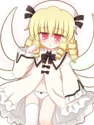 Rule 34 | 1girl, asymmetrical clothes, blonde hair, blush, bottomless, dress, drill hair, eastern and little nature deity, female focus, gradient background, hat, luna child, navel, open clothes, open dress, panties, red eyes, ry (yagoyago), short hair, single thighhigh, solo, thighhighs, touhou, touhou sangetsusei, underwear, white background, white panties, white thighhighs, wings