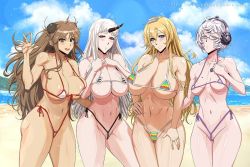 Rule 34 | 10s, 4girls, areola slip, bare arms, bare legs, bare shoulders, beach, bikini, blonde hair, blush, breasts, brown eyes, brown hair, character request, cleavage, closed mouth, crossover, glasses, headphones, horns, huge breasts, kantai collection, krabbytheartist, large breasts, medium breasts, micro bikini, multiple girls, navel, purple eyes, red eyes, senran kagura, single horn, swimsuit, take your pick, white hair