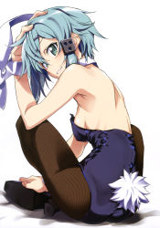 Rule 34 | 10s, 1girl, absurdres, animal ears, aqua hair, bare shoulders, breasts, detached collar, fake animal ears, fishnet pantyhose, fishnets, from behind, green eyes, grin, hair ornament, hairclip, hand on own head, high heels, highres, indian style, kurashima tomoyasu, leaning forward, looking back, non-web source, pantyhose, playboy bunny, rabbit ears, rabbit tail, short hair, sideboob, sinon, sitting, small breasts, smile, solo, sword art online, tail, wrist cuffs