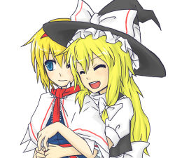 Rule 34 | 2girls, alice margatroid, blonde hair, blue eyes, blush, capelet, closed eyes, female focus, from behind, hair ribbon, hairband, happy, hat, hat ribbon, hug, hug from behind, kirisame marisa, long hair, lowres, multiple girls, open mouth, ribbon, short hair, shy, smile, touhou, wavy mouth, wince, witch, witch hat, yomegane, yuri