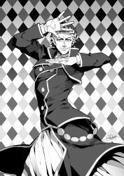 Rule 34 | 1boy, alternate design, buttons, collared shirt, fabulous, fate/grand order, fate (series), greco-roman clothes, greyscale, jewelry, jojo pose, gaius julius caesar (fate), laurel crown, looking at viewer, male focus, monochrome, multiple rings, open hands, redrop, ring, roman clothes, shirt, short hair, skinny, smile, solo