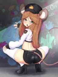 Rule 34 | 1girl, absurdres, alternative style, animal ears, ass, blush, brown hair, chip &#039;n dale rescue rangers, ether core, fingerless gloves, from behind, full body, gadget hackwrench, gloves, green eyes, hat, highres, long hair, looking at viewer, looking back, mouse ears, mouse girl, mouse tail, open mouth, personification, shorts, solo, squatting, tail, thighhighs