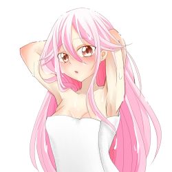 Rule 34 | 10s, 1girl, bare shoulders, guilty crown, highres, long hair, looking at viewer, naked towel, open mouth, pink hair, red eyes, ruchi a, sarina (tosiyukiryousuke), solo, towel, twintails, yuzuriha inori