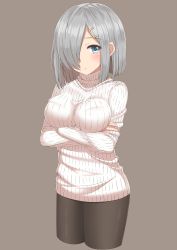 Rule 34 | 10s, 1girl, alternate costume, black pantyhose, blue eyes, breasts, crossed arms, hair ornament, hair over one eye, hairclip, hamakaze (kancolle), highres, kantai collection, large breasts, pantyhose, ribbed sweater, short hair, silver hair, simple background, solo, sweater, takamiya nao