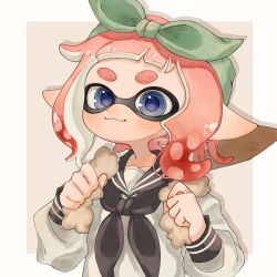Rule 34 | 1girl, blue eyes, border, bow, bow hairband, closed mouth, commentary, green bow, green hairband, grey background, hair bow, hairband, highres, inkling, inkling girl, inkling player character, lemo (lemo 4), looking at viewer, medium hair, nintendo, outside border, pointy ears, red hair, sailor collar, sailor shirt, shirt, simple background, smile, solo, splatoon (series), symbol-only commentary, tentacle hair, thick eyebrows, upper body, white border