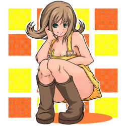 Rule 34 | 1990s (style), 1girl, anti-gravity hair, bare shoulders, boots, brown hair, censored, checkered background, convenient censoring, curled hair, final fantasy, final fantasy viii, green eyes, kasetsu, knees, knees together feet apart, lowres, naked overalls, no bra, no panties, overalls, retro artstyle, selphie tilmitt, solo, squatting, thighs, upskirt