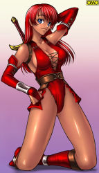 Rule 34 | 1girl, arm behind head, arm up, armor, armpits, asura fantasy online, belt, blue eyes, boots, bracer, breasts, bridal gauntlets, center opening, cleavage, cleavage cutout, clenched hand, clothing cutout, corset, dark-skinned female, dark skin, elbow gloves, fantasy, fingerless gloves, foreshortening, front-tie top, gloves, gradient background, hand on own hip, highleg, highleg leotard, kagami hirotaka, knee boots, kneehighs, kneeling, lace up front, laceups, large breasts, leotard, long hair, looking at viewer, no bra, omc, purple background, red hair, red leather, red leotard, shiny skin, sideboob, smile, socks, solo, spread legs, strap, sword, tiy mitanni, watermark, weapon