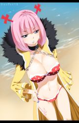 Rule 34 | 1girl, alternate hair color, antlers, artist name, beach, bikini, blue eyes, blunt bangs, brandish mew, breasts, chain, cleavage, coat, collar, colorized, earrings, fairy tail, female focus, fur trim, gaston18, hand on own hip, highres, horns, jewelry, large breasts, letterboxed, lipstick, makeup, mascara, mashima hiro, nail polish, outdoors, parted lips, pink hair, short hair, solo, swimsuit, tattoo, water