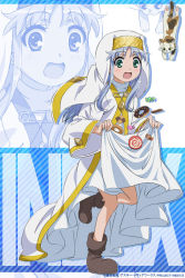 Rule 34 | 1girl, :d, black hair, blue hair, blush, boots, calico, candy, cat, checkerboard cookie, chocolate, cookie, doughnut, food, green eyes, habit, index (toaru majutsu no index), lollipop, long hair, nun, official art, open mouth, robe, safety pin, smile, solo, sphinx (toaru majutsu no index), swirl lollipop, toaru majutsu no index