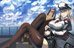 Rule 34 | 1girl, anchor, ayakumo, black pantyhose, blonde hair, blue eyes, breasts, capelet, cloud, cloudy sky, cross, graf zeppelin (kancolle), grey eyes, grey skirt, hair between eyes, hat, highres, impossible clothes, iron cross, jacket, jewelry, kantai collection, large breasts, machinery, military, military hat, military uniform, miniskirt, necktie, no shoes, pantyhose, peaked cap, pleated skirt, reclining, ring, sidelocks, skirt, sky, soles, solo, tsurime, twintails, uniform, wedding band, white hat