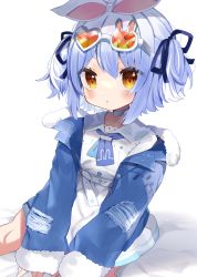 Rule 34 | 1girl, absurdres, bad id, bad pixiv id, blue hair, blue jacket, blue neckerchief, blush, brown eyes, choker, commentary request, dress, eyes visible through hair, eyewear on head, food-themed hair ornament, hair ornament, hair ribbon, heart, heart-shaped eyewear, highres, hololive, jacket, looking at viewer, neckerchief, noi mine, parted lips, rabbit-shaped eyewear, ribbon, sailor collar, short hair, simple background, sitting, solo, sunglasses, thick eyebrows, two side up, usada pekora, usada pekora (casual), virtual youtuber, white background, white choker, white dress, white sailor collar