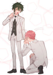 Rule 34 | 2boys, absurdres, aqua eyes, black footwear, black necktie, black vest, blazer, blush, buttoned cuffs, buttons, closed eyes, commentary request, ensemble stars!, flower, full body, green hair, grey jacket, grey pants, hair between eyes, hand grab, hand on own knee, hexagon, highres, index finger raised, itsuki shu, jacket, kagehira mika, kiss, kissing hand, lapels, long sleeves, looking at another, male focus, multiple boys, necktie, notched lapels, on one knee, open clothes, open jacket, open mouth, pants, pink hair, short hair, teeth, upper teeth only, valkyrie (ensemble stars!), vest, wednesday 108, white flower, yaoi, yellow eyes