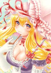 Rule 34 | 1girl, absurdres, artist name, blonde hair, bow, breasts, choker, cleavage, closed mouth, commentary, dress, elbow gloves, folded fan, folding fan, frilled dress, frilled gloves, frills, gloves, gradient eyes, hair between eyes, hand fan, hand up, hat, hat ribbon, highres, holding, holding fan, holding umbrella, large breasts, long hair, looking at viewer, marker (medium), mob cap, multicolored eyes, purple dress, purple eyes, red bow, red ribbon, ribbon, ribbon choker, smile, solo, tameki (user jvnr8444), touhou, traditional media, umbrella, upper body, white gloves, white hat, yakumo yukari, yellow eyes