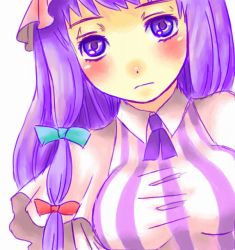 Rule 34 | 1girl, blue bow, blunt bangs, blush, bow, breasts, collar, female focus, hair bow, looking at viewer, multi-tied hair, patchouli knowledge, purple eyes, purple hair, red bow, simple background, solo, takanashi minato, touhou, white background