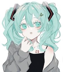 Rule 34 | 1girl, aqua eyes, aqua hair, black shirt, blush, cardigan, chest tattoo, collarbone, colored eyelashes, food-themed hair ornament, grey sweater, hair between eyes, hair ornament, twirling hair, hairclip, hatsune miku, highres, looking to the side, maca1227, messy hair, number tattoo, open cardigan, open clothes, open mouth, pale skin, playing with own hair, shirt, shoulder blush, simple background, sketch, sleeveless, sleeveless shirt, spring onion hair ornament, sweater, tattoo, twintails, vocaloid, wavy hair, white background