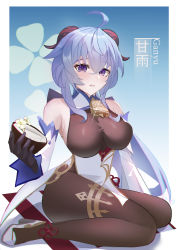 Rule 34 | 1girl, absurdres, ahoge, bare shoulders, bell, blue eyes, blue hair, blush, breasts, brown pantyhose, character name, chinese knot, coconut, covered erect nipples, detached sleeves, flower, flower knot, fruit cup, ganyu (genshin impact), genshin impact, gold trim, high heels, highres, horns, large breasts, long hair, looking at viewer, neck bell, pantyhose, qingxin flower, sidelocks, sitting, solo, thighlet, thighs, wariza, white flower, white sleeves, xiaojuan (user ezvt7287)
