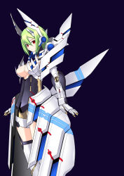 Rule 34 | 1girl, arms at sides, breasts, cleavage, closed mouth, eternal form, gradient background, hair between eyes, headgear, legs together, light green hair, mecha musume, medium breasts, phantasy star, phantasy star portable 2, phantasy star portable 2 infinity, purple background, red eyes, shinjou satomi, short hair, solo, standing, thighhighs, turtleneck, white thighhighs