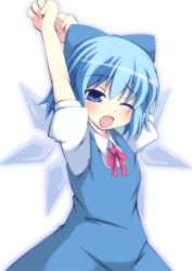 Rule 34 | 1girl, blue eyes, blue hair, blush, bow, cirno, collared shirt, dress, artistic error, fang, hair bow, hair ribbon, ice, ice wings, masiromu, matching hair/eyes, one eye closed, open mouth, outstretched arms, puffy sleeves, ribbon, shirt, short hair, short sleeves, solo, tears, touhou, wings, yawning