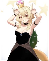 Rule 34 | 1girl, armlet, armpits, arms up, bare shoulders, black collar, black dress, blonde hair, blush, border, bowsette, bowsette (cosplay), bracelet, breasts, claw pose, collar, cosplay, cowboy shot, crown, dress, eyelashes, furrowed brow, genshin impact, grin, highres, horns, jewelry, lumine (genshin impact), mario (series), medium breasts, mockingeu, new super mario bros. u deluxe, nintendo, outside border, smile, solo, spiked armlet, spiked bracelet, spiked collar, spiked shell, spikes, star (symbol), strapless, strapless dress, super crown, tail, turtle shell, white border, wristlet, yellow eyes
