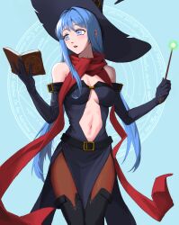 Rule 34 | 1girl, bare shoulders, black dress, black footwear, black gloves, black headwear, blue eyes, blue hair, book, boots, breasts, brown thighhighs, clothing cutout, commentary, cowboy shot, dress, elbow gloves, english commentary, gloves, hat, highres, holding, holding book, holding wand, long dress, long hair, looking at viewer, magic circle, medium breasts, navel cutout, open mouth, original, pelvic curtain, pencil pusher, reading, red scarf, scarf, solo, standing, strapless, strapless dress, thigh boots, thighhighs, wand, witch, witch hat