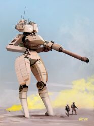 Rule 34 | antennae, artillery shell, artist name, assault rifle, blue background, cannon, day, full body, gun, hand on own hip, helmet, highres, holding, holding gun, holding weapon, m1 abrams, mecha, military, military vehicle, motor vehicle, original, outdoors, patreon username, psyk323, reactive armor, rifle, robot, standing, tank, thick thighs, thighs, weapon
