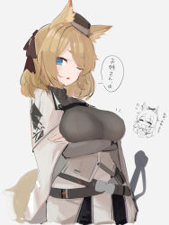 Rule 34 | 2girls, animal ear fluff, animal ears, arknights, arms under breasts, asususususu, black hat, black ribbon, blemishine (arknights), blonde hair, blue eyes, breasts, cape, commentary request, crossed legs, garrison cap, hair between eyes, hair ribbon, hat, highres, horse ears, horse tail, kingdom of kazimierz logo, long hair, looking away, medium breasts, multiple girls, one eye closed, open mouth, ribbon, sheath, sheathed, sideways glance, simple background, solo, sword, tail, translation request, upper body, weapon, whislash (arknights), white background, white cape