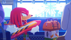 Rule 34 | 1other, 2boys, bag, big the cat, bottle, furry, furry male, gloves, goggles, goggles around neck, hoverboard, knuckles the echidna, male focus, multiple boys, official art, purple eyes, sitting, smile, sonic (series), sonic riders, train interior, uno yuuji, white gloves, window