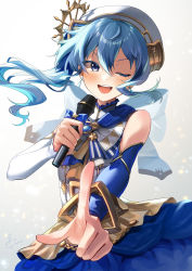 Rule 34 | 1girl, absurdres, blue eyes, blue hair, blue skirt, detached sleeves, gradient background, hat, highres, holding, holding microphone, hololive, hoshimachi suisei, kito koruta, long hair, microphone, music, one eye closed, open mouth, shirt, singing, skirt, sleeveless, sleeveless shirt, smile, solo, virtual youtuber, white background, white hat, white shirt