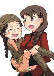 Rule 34 | 2girls, bad id, bad pixiv id, black hair, black ribbon, black skirt, blush stickers, boots, braid, braided ponytail, brown eyes, brown footwear, brown hair, brown headwear, brown jacket, carrying, chi-hatan military uniform, closed eyes, dirty, dirty clothes, dirty face, frown, fukuda haru, girls und panzer, glasses, green panties, hair ornament, hair over shoulder, hair ribbon, hairclip, helmet, highres, jacket, knee boots, long hair, long sleeves, military, military uniform, miniskirt, multiple girls, ogihara mach, open mouth, panties, pantyshot, pleated skirt, princess carry, red jacket, ribbon, rimless eyewear, round eyewear, rukuriri (girls und panzer), simple background, single braid, skirt, smile, st. gloriana&#039;s military uniform, sweatdrop, twin braids, twintails, underwear, uniform, white background, yellow skirt