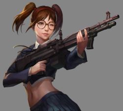 Rule 34 | 1girl, absurdres, artist request, black ribbon, blazer, blue jacket, blue skirt, brown eyes, brown hair, closed mouth, collared shirt, contrapposto, counter-strike, counter-strike (series), counter-strike online, cowboy shot, crop top, glasses, grey background, gun, hairband, highres, holding, holding weapon, jacket, lips, long sleeves, m60, machine gun, medium hair, midriff, miniskirt, navel, neck ribbon, official alternate costume, official art, one eye closed, pleated skirt, red hairband, ribbon, round eyewear, school uniform, shirt, simple background, skirt, smile, solo, stomach, twintails, two side up, weapon, white shirt, yuri (counter-strike online), yuri (limited edition) (counter-strike online)