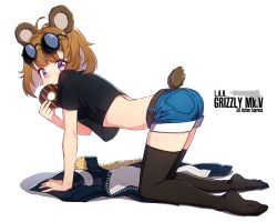 Rule 34 | 1girl, aged down, ahoge, all fours, animal ears, ass, bear ears, bear tail, black thighhighs, breasts, brown hair, character name, crop top, denim, denim shorts, doughnut, eating, eyewear on head, food, from side, full body, girls&#039; frontline, grizzly mkv (girls&#039; frontline), grizzly mkv (teddy transform!) (girls&#039; frontline), gun, highres, jacket, lar grizzly win mag, looking at viewer, mouth hold, narynn, official alternate costume, purple eyes, see-through silhouette, short hair, short shorts, shorts, small breasts, solo, tail, tan, thighhighs, unworn jacket, weapon
