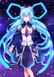 Rule 34 | 10s, 1girl, blue hair, blush, closed eyes, eyebrows, glowing, hand on own chest, hoshino yumemi, long hair, long sleeves, low twintails, necktie, parted lips, planetarian, red necktie, ribbon, shirt, skirt, sky, sleeveless, sleeveless shirt, solo, sparkle, standing, star (sky), starry sky, twintails, very long hair, yukise akito