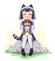 Rule 34 | 10s, :3, :d, = =, ^ ^, animal, animal ears, araiguma rascal, black footwear, black gloves, black hair, black skirt, blue shirt, blush, closed eyes, common raccoon (kemono friends), crossover, closed eyes, food, full body, fur collar, gloves, grass, grey legwear, highres, holding, holding food, japari bun, kemono friends, knees together feet apart, loafers, multicolored hair, open mouth, pantyhose, pleated skirt, puffy short sleeves, puffy sleeves, raccoon, raccoon ears, raccoon tail, rascal (araiguma rascal), rock, shirt, shoes, short sleeves, sitting, skirt, smile, striped tail, tail, thick eyebrows, toshi mellow-pretty, white background, white hair