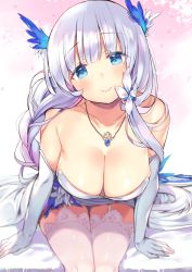 Rule 34 | 1girl, arms at sides, azur lane, bare shoulders, bed sheet, blue eyes, blush, breasts, cleavage, closed mouth, collarbone, commentary request, dress, elbow gloves, feather hair ornament, feathers, garter straps, gloves, grey hair, hair ornament, head tilt, illustrious (azur lane), illustrious (illustrious ball) (azur lane), jewelry, kibii mocha, large breasts, leaning forward, long hair, mole, mole under eye, necklace, on bed, pendant, pink lips, sitting, smile, solo, strapless, strapless dress, thighhighs, twintails, two-tone background, very long hair, white dress, white gloves, white thighhighs