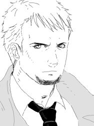 Rule 34 | 1boy, beard, cing, closed mouth, collared shirt, facial hair, greyscale, hotel dusk, kyle hyde, looking at viewer, male focus, monochrome, necktie, portrait, shirt, simple background, smile, solo, thick thighs, thighs, upper body, white background, wing collar