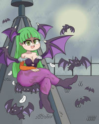 Rule 34 | 1girl, absurdres, bare shoulders, bat (animal), black leotard, blush, boots, breasts, bridal gauntlets, cleavage, collarbone, demon wings, full body, green eyes, green hair, head wings, high heel boots, high heels, highres, large breasts, leotard, long hair, looking at viewer, lotikmac, matching hair/eyes, morrigan aensland, night, open mouth, outdoors, pantyhose, purple pantyhose, sitting, smile, solo, teeth, thick thighs, thighs, upper teeth only, vampire (game), wings