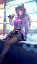 Rule 34 | 1girl, ahoge, animal ear piercing, animal ears, belt pouch, black skirt, brown pantyhose, coat, collared shirt, commentary, cosplay, cropped shirt, cross-laced clothes, cross-laced sleeves, english commentary, feet out of frame, grey eyes, grey hair, hakui koyori, hakui koyori (1st costume), hakui koyori (cosplay), hexagon, highres, holding, holding test tube, hololive, indoors, lab coat, lapels, lion ears, lion girl, long hair, long sleeves, looking at viewer, midriff, miniskirt, navel, necktie, notched lapels, pantyhose, pink necktie, pleated skirt, pocket watch, pouch, see-through, see-through legwear, shirt, shishiro botan, sitting, skirt, solo, test tube, thigh pouch, thigh strap, vial, virtual youtuber, watch, white coat, white shirt, xyunx