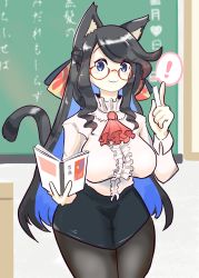 Rule 34 | !, 1girl, :3, alternate costume, animal ear fluff, animal ears, ascot, azur lane, bespectacled, black hair, black pantyhose, black skirt, blouse, blue eyes, blue hair, blush, book, bow, breasts, cat ears, cat tail, center frills, chalk, chalkboard, classroom, commentary request, cowboy shot, desk, frilled shirt collar, frills, fusou (azur lane), glasses, hair bow, hair ornament, highres, himajin (fd jin), holding, holding book, holding chalk, index finger raised, large breasts, long hair, long sleeves, looking at viewer, multicolored hair, pantyhose, pencil skirt, red ascot, round eyewear, shirt, sidelocks, skirt, smile, solo, spoken exclamation mark, standing, swept bangs, tail, teacher, two-tone hair, white shirt