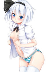 Rule 34 | 1girl, blue eyes, blush, breasts, ebi 193, hair ribbon, konpaku youmu, looking at viewer, navel, no pants, open clothes, open shirt, panties, puffy nipples, puffy short sleeves, puffy sleeves, ribbon, shiny skin, shirt, short sleeves, simple background, small breasts, solo, striped clothes, striped panties, thighhighs, touhou, underwear, white background, white hair, white thighhighs