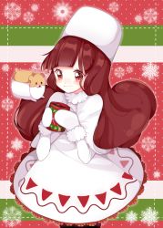 Rule 34 | 1girl, blunt bangs, blush, brown hair, capelet, cocoa cookie, cookie run, cup, dress, food, gloves, hamster, hat, highres, long hair, marshmallow, marshmallow hamster, mug, red eyes, smile, snowflake print, snowflakes, solo, tear (0614), white dress, white gloves