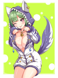 Rule 34 | 1girl, :p, animal ears, beatus creation, breasts, cleavage, closed mouth, commentary, cougar (cougar1404), cowboy shot, drawstring, green hair, hood, hood up, hooded jumpsuit, jewelry, jumpsuit, large breasts, lock, long hair, long sleeves, looking at viewer, luifon (beatus creation), necklace, no bra, one eye closed, padlock, paw pose, purple eyes, short jumpsuit, smile, solo, standing, tail, tongue, tongue out, unzipped, white jumpsuit, wolf ears, wolf tail, zipper