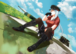 Rule 34 | 1girl, alcohol, belt, black gloves, black pantyhose, blouse, boots, breasts, cloud, cloudy sky, cup, drinking glass, facial scar, gangut (kancolle), gangut dva (kancolle), glass, gloves, grass, gun, hair between eyes, hat, kantai collection, large breasts, long hair, military, military hat, military uniform, naval uniform, pantyhose, peaked cap, red shirt, scar, scar on cheek, scar on face, shirt, shoes, silver hair, sitting, sky, solo, takeshima satoshi, turret, uniform, vodka, weapon, yellow eyes