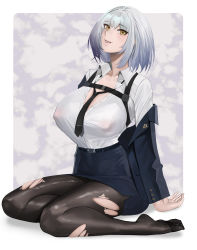 Rule 34 | 1girl, absurdres, arms behind back, belt, black belt, black necktie, black pantyhose, blazer, blue jacket, blue skirt, breasts, clothes pull, collarbone, covered erect nipples, gcg, girls&#039; frontline, highres, jacket, jacket pull, large breasts, lips, looking at viewer, medium hair, morridow (boss) (girls&#039; frontline), morridow (girls&#039; frontline), necktie, no bra, no shoes, open mouth, pantyhose, seiza, shirt, silver hair, simple background, sitting, skirt, smile, soles, solo, torn clothes, torn pantyhose, white shirt, yellow eyes