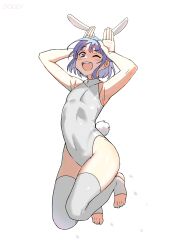 Rule 34 | 1boy, absurdres, alternate costume, androgynous, animal ears, blush, commentary, covered navel, doggy exe, english commentary, ensemble stars!, fake animal ears, fake tail, full body, highres, jumping, leotard, light purple hair, looking at viewer, male focus, medium hair, one eye closed, open mouth, purple eyes, purple hair, rabbit ears, rabbit pose, rabbit tail, shino hajime, silver nails, smile, stirrup legwear, tail, thighhighs, toeless legwear, white leotard, white thighhighs