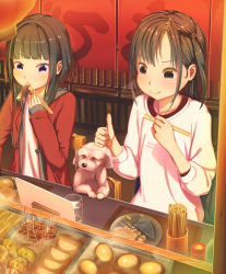 Rule 34 | 2girls, aiuabo, animal, black eyes, black hair, blush, chair, chopsticks, commentary request, cup, dog, dog request, drinking glass, eating, food, food stand, hair ornament, hairpin, highres, holding, jacket, lantern, long hair, long sleeves, multiple girls, noren, oden, original, plate, red jacket, shirt, sidelocks, sitting, skewer, smile, thumbs up, white shirt, yatai