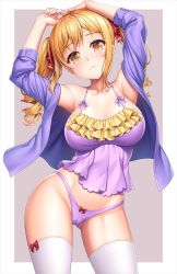 Rule 34 | 1girl, armpits, arms up, ass, bang dream!, blonde hair, blue jacket, blush, border, bow, bow panties, breasts, cameltoe, camisole, cleavage, cleft of venus, closed mouth, collarbone, drill hair, frills, head tilt, ichigaya arisa, jacket, lambda (kusowarota), large breasts, long hair, long sleeves, looking at viewer, open clothes, open jacket, outside border, panties, purple background, purple panties, red bow, sidelocks, simple background, smile, solo, thighhighs, thighs, twin drills, twintails, underwear, white border, white thighhighs, yellow eyes